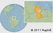 Political Location Map of Guyana, savanna style outside, hill shading