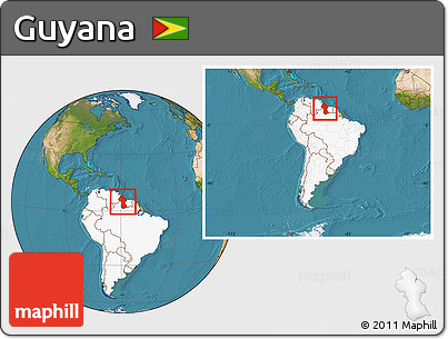 Satellite Location Map of Guyana, highlighted continent, within the entire continent