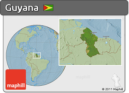 Satellite Location Map of Guyana, savanna style outside, hill shading