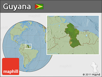 Satellite Location Map of Guyana, savanna style outside, hill shading
