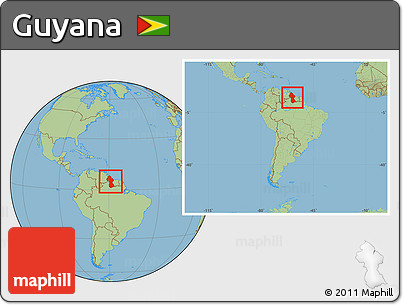 Savanna Style Location Map of Guyana, within the entire continent