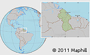 Savanna Style Location Map of Guyana, gray outside, hill shading inside