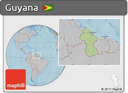 Savanna Style Location Map of Guyana, gray outside, hill shading outside