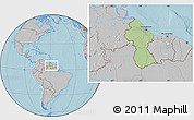 Savanna Style Location Map of Guyana, gray outside, hill shading outside