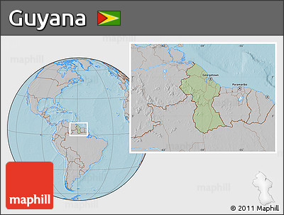 Savanna Style Location Map of Guyana, gray outside, hill shading