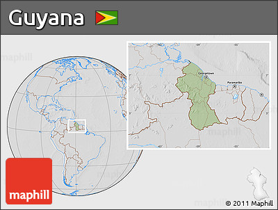Savanna Style Location Map of Guyana, lighten, desaturated, hill shading
