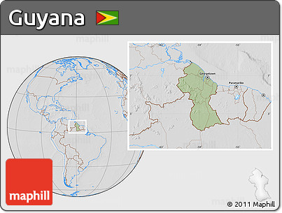 Savanna Style Location Map of Guyana, lighten, desaturated, hill shading
