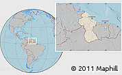 Shaded Relief Location Map of Guyana, gray outside, hill shading