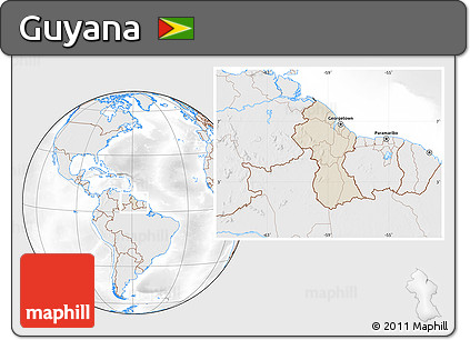 Shaded Relief Location Map of Guyana, lighten, desaturated