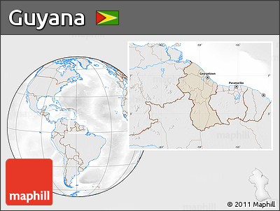 Shaded Relief Location Map of Guyana, lighten, desaturated