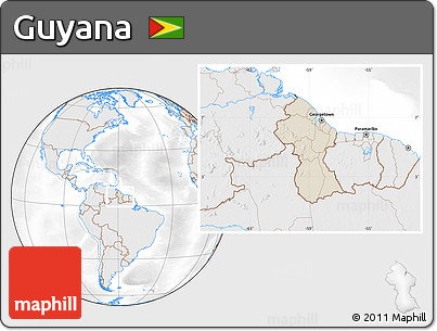 Shaded Relief Location Map of Guyana, lighten, desaturated