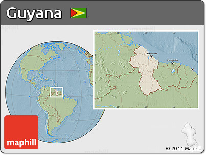 Shaded Relief Location Map of Guyana, savanna style outside, hill shading