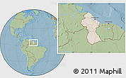 Shaded Relief Location Map of Guyana, savanna style outside, hill shading