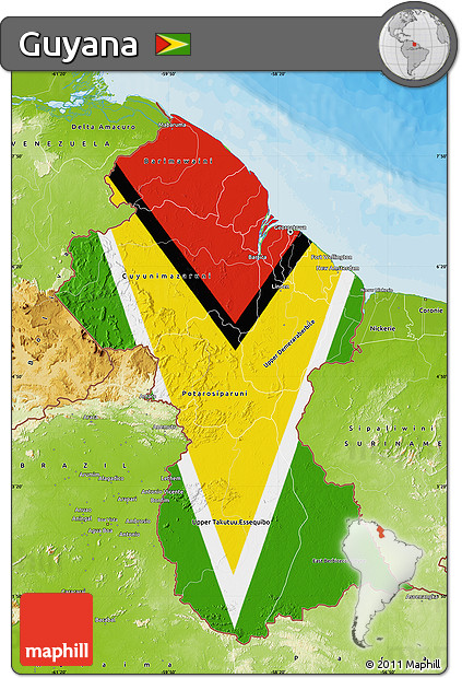 Flag Map of Guyana, physical outside, bathymetry sea, flag rotated