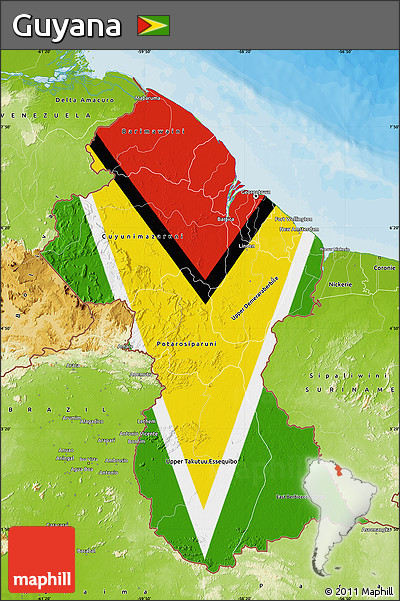 Flag Map of Guyana, physical outside, bathymetry sea, flag rotated
