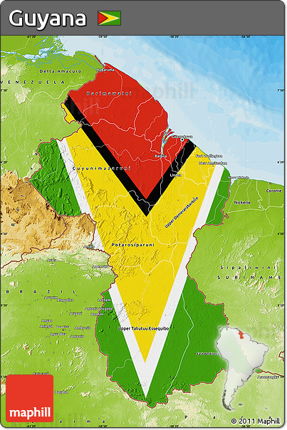 Flag Map of Guyana, physical outside, bathymetry sea, flag rotated