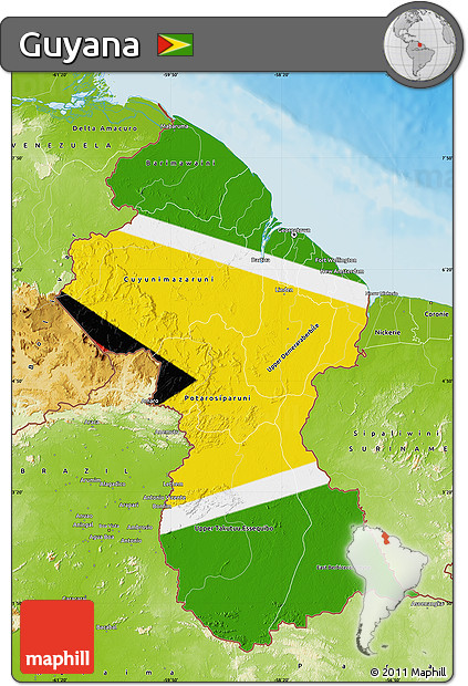 Flag Map of Guyana, physical outside, flag centered