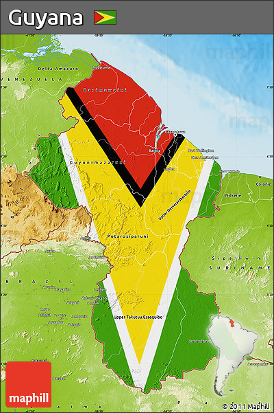 Flag Map of Guyana, physical outside, flag aligned to the middle