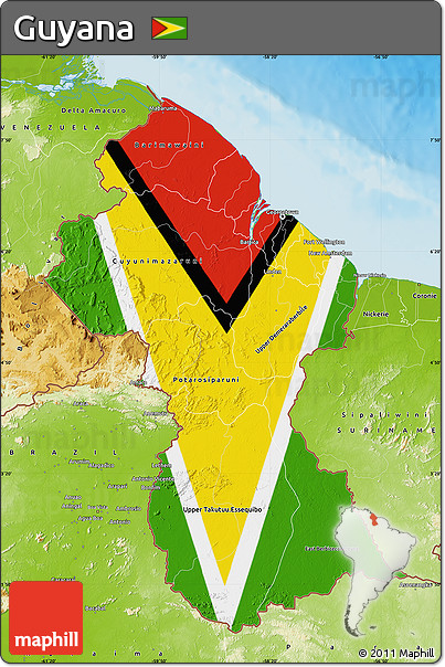 Flag Map of Guyana, physical outside, flag aligned to the middle