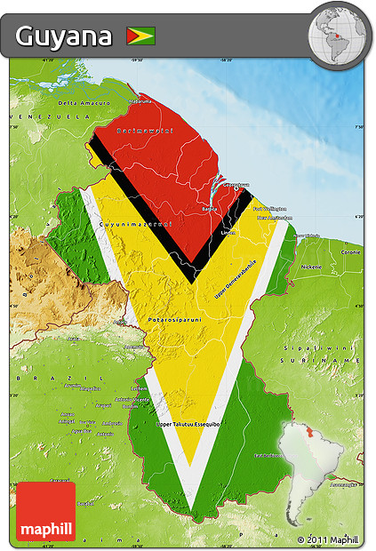 Flag Map of Guyana, physical outside, flag rotated