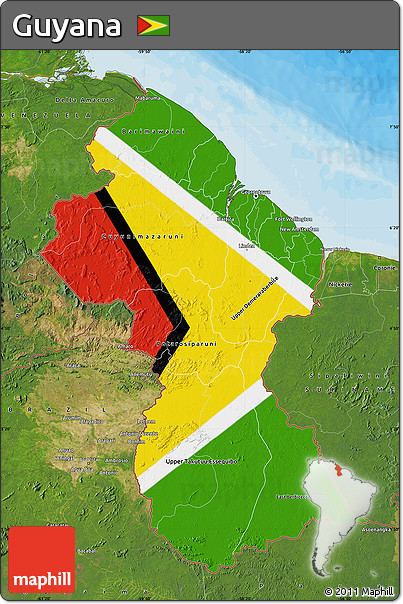 Flag Map of Guyana, satellite outside, bathymetry sea