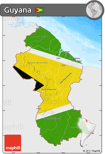 Flag Map of Guyana, single color outside, bathymetry sea, flag centered