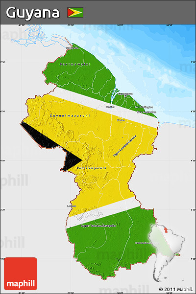 Flag Map of Guyana, single color outside, bathymetry sea, flag centered