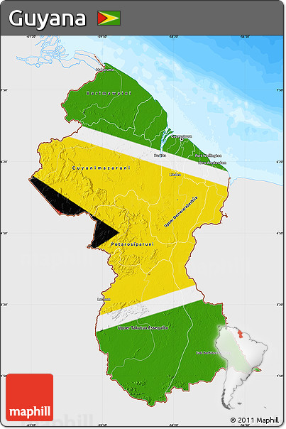 Flag Map of Guyana, single color outside, bathymetry sea, flag centered