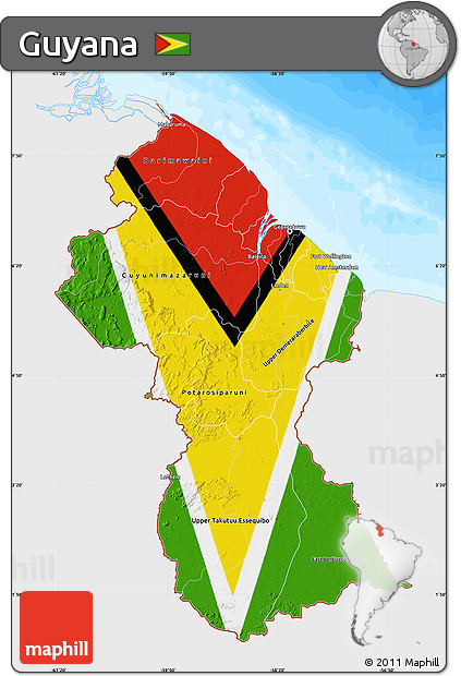 Flag Map of Guyana, single color outside, bathymetry sea, flag aligned to the middle