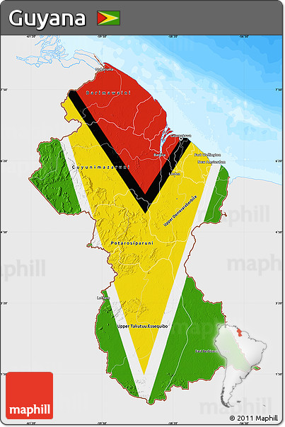 Flag Map of Guyana, single color outside, bathymetry sea, flag aligned to the middle