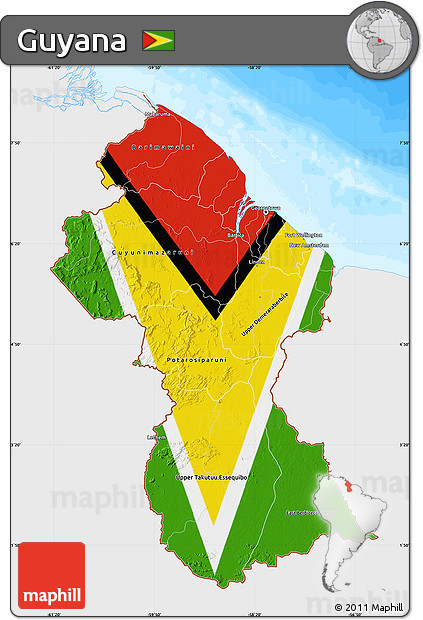 Flag Map of Guyana, single color outside, bathymetry sea, flag rotated
