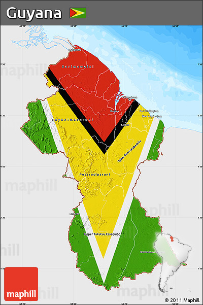 Flag Map of Guyana, single color outside, bathymetry sea, flag rotated