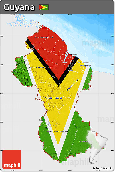 Flag Map of Guyana, single color outside, bathymetry sea, flag rotated