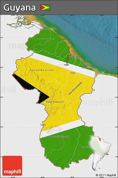 Flag Map of Guyana, single color outside, satellite sea, flag centered