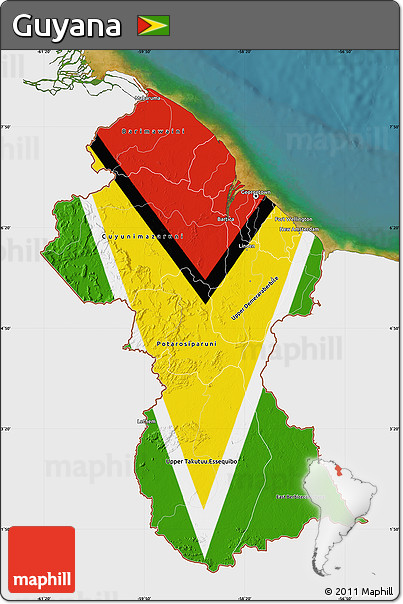 Flag Map of Guyana, single color outside, satellite sea, flag rotated