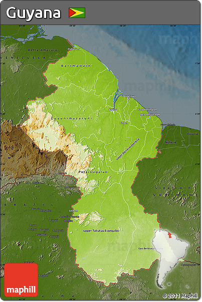 Physical Map of Guyana, darken