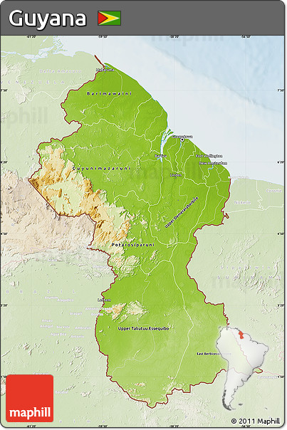 Physical Map of Guyana, lighten