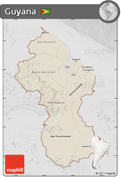 Shaded Relief Map of Guyana, lighten, desaturated