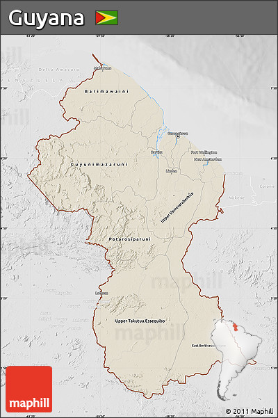 Shaded Relief Map of Guyana, lighten, desaturated