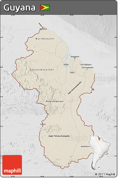 Shaded Relief Map of Guyana, lighten, desaturated