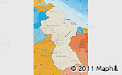 Shaded Relief Map of Guyana, political outside, shaded relief sea