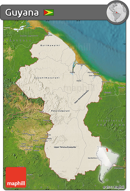 Shaded Relief Map of Guyana, satellite outside