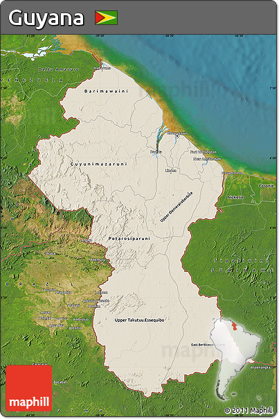 Shaded Relief Map of Guyana, satellite outside