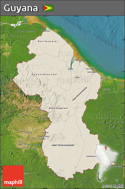 Shaded Relief Map of Guyana, satellite outside