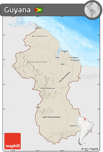 Shaded Relief Map of Guyana, single color outside, bathymetry sea