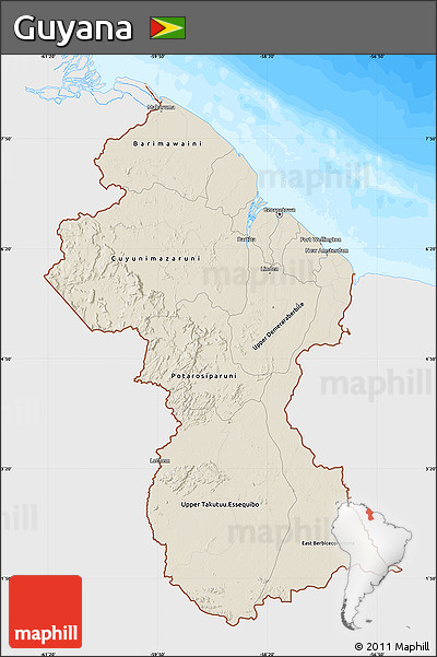 Shaded Relief Map of Guyana, single color outside, bathymetry sea