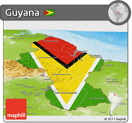 Flag Panoramic Map of Guyana, physical outside, bathymetry sea, flag aligned to the middle