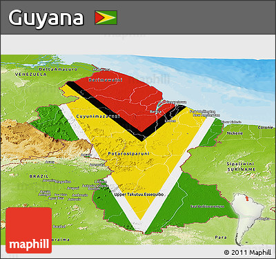 Flag Panoramic Map of Guyana, physical outside, bathymetry sea, flag aligned to the middle