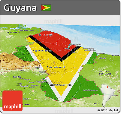 Flag Panoramic Map of Guyana, physical outside, bathymetry sea, flag aligned to the middle