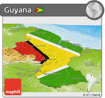 Flag Panoramic Map of Guyana, physical outside, bathymetry sea